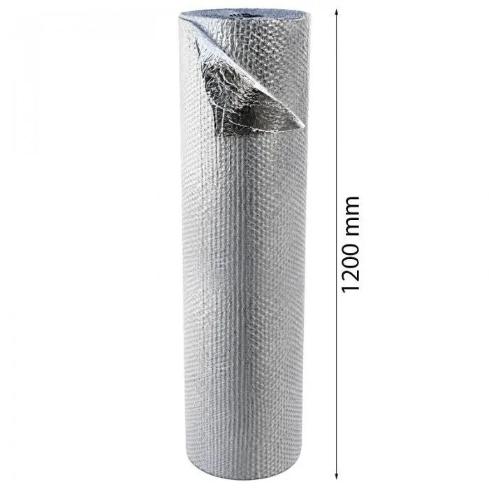 Alumínium bevonatú kis buborékfólia, szélesség 1200 mm, hossz 34 m, 3 réteg, vastagság 80 my, ezüst színű