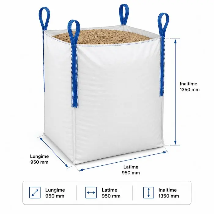 Big Bag zsákok, hosszúság 950 mm, szélesség 950 mm, magasság 1350 mm, térfogat 1218 liter, töltőnyílás: NEM