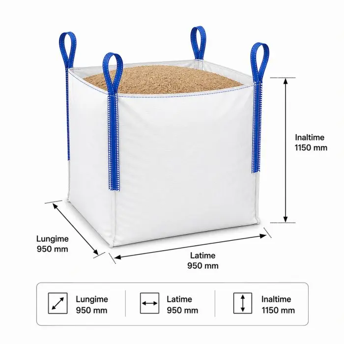 Big Bag zsákok, hosszúság 950 mm, szélesség 950 mm, magasság 1150 mm, térfogat 1037 liter, töltőnyílás: NEM