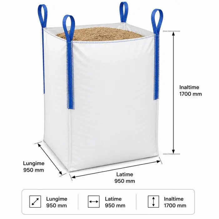 Big Bag zsákok, hosszúság 950 mm, szélesség 950 mm, magasság 1700 mm, térfogat 1534 liter, töltőnyílás: NINCS