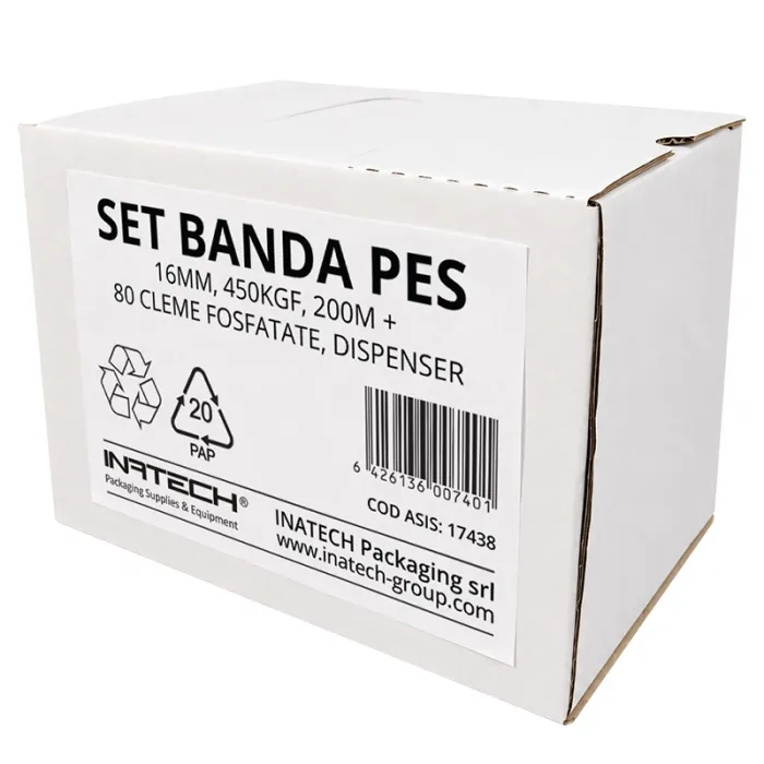 PES pántszett, 16 mm, 450 KGF, 200 m, adagolódobozzal + 80 foszfátozott kapoccsal