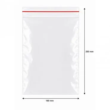 ZIP zárható tasakok, gazdaságos kivitel, 40 mikron Méretek mm (sz x H) 180 x 250, Vastagság 40 my, Szín Átlátszó, 100 db / csoma