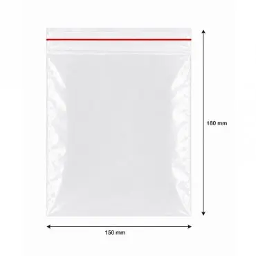 Ziplock záras műanyag tasakok, standard kivitel, 50 mikron, méret mm (sz x m) 150 x 180, vastagság 50 my, átlátszó szín, 100 db