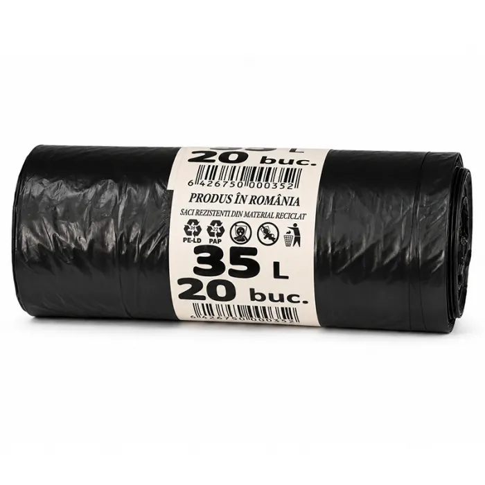 Újrahasznosított LDPE-ből készült vékony háztartási szemeteszsák, 35 liter, 15 my vastagság, 500x600 mm méret, fekete szín, 20 zsák/tekercs
