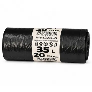 Újrahasznosított LDPE-ből készült vékony háztartási szemeteszsák, 35 liter, 15 my vastagság, 500x600 mm méret, fekete szín, 20 zsák/tekercs