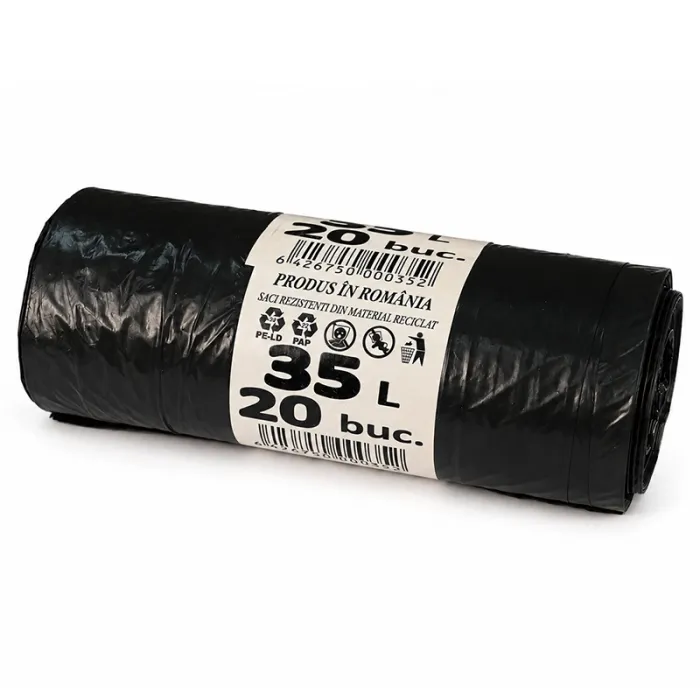 Újrahasznosított LDPE-ből készült vékony háztartási szemeteszsák, 35 liter, 15 my vastagság, 500x600 mm méret, fekete szín, 20 zsák/tekercs