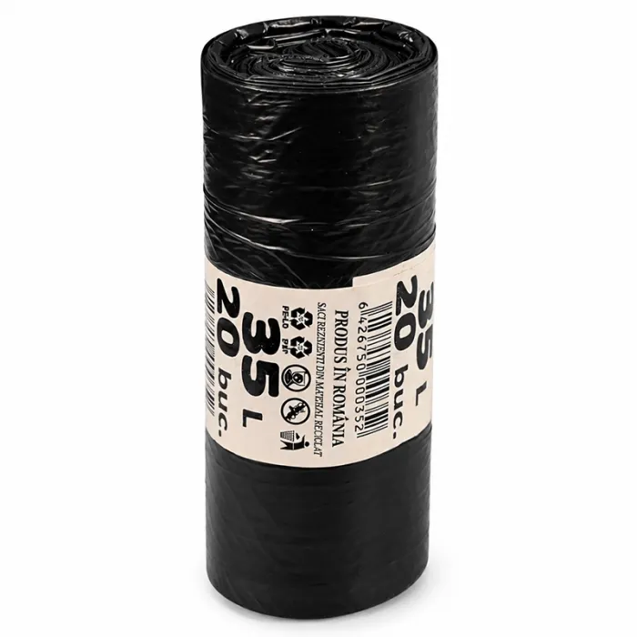 Újrahasznosított LDPE-ből készült vékony háztartási szemeteszsák, 35 liter, 15 my vastagság, 500x600 mm méret, fekete szín, 20 zsák/tekercs