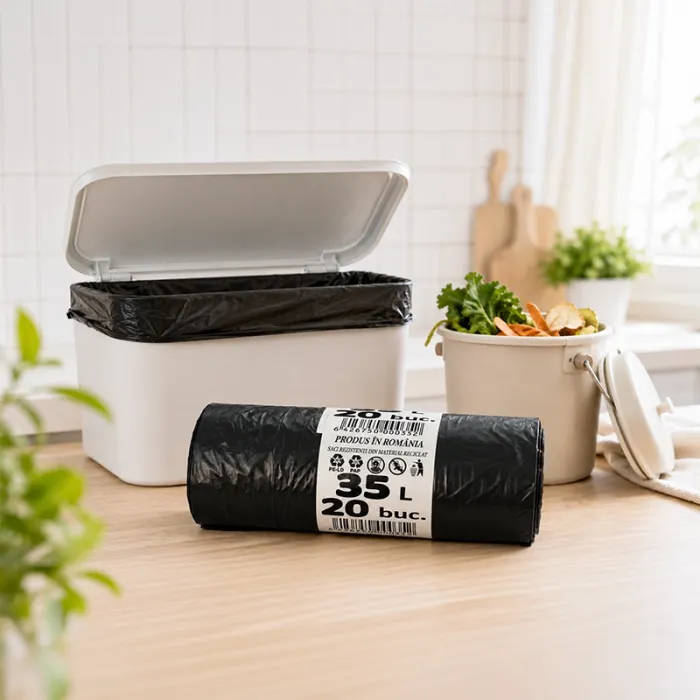 Újrahasznosított LDPE-ből készült vékony háztartási szemeteszsák, 35 liter, 15 my vastagság, 500x600 mm méret, fekete szín, 20 zsák/tekercs