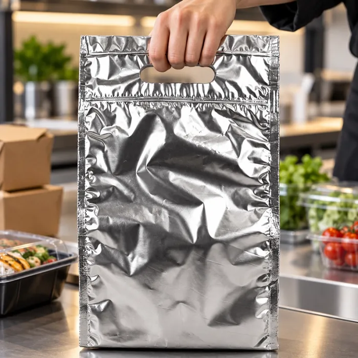 Hőszigetelő cipzáras tasak Isothermal Pouch Méret 200 x 250 mm, Zárófül 70 mm, Szín ezüst, fogantyúval és cipzárral