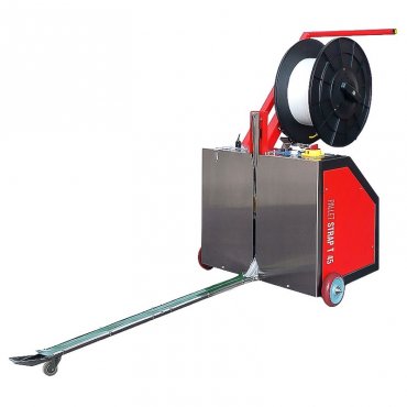 Raklap pántológép PP szalaggal, Pallet Strap T45, szalagszélesség 6–12–15 mm, gépméretek (mm): 700 (sz) x 760 (h) x 1050 (m), 12 mm-es PP szalag, maximális tömeg 80 kg, minimális raklapméret 710 x 350 mm, forgási sebesség 0–20 ford./perc