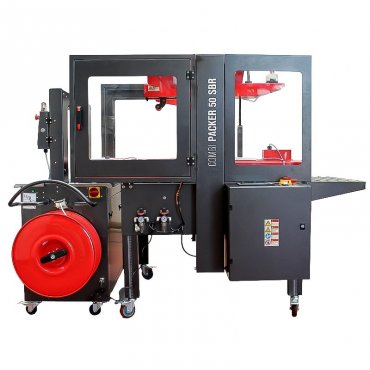 Dobozpántoló és -lezáró gép Combi Packer 50 SBR, pántméret 9–12 mm, 9 mm-es PP-pánt, kapacitás 19 méter/perc, pánttípus: BOPP / PVC / Kraft, tömeg 450 kg, maximális dobozméret (mm): 480 x 480