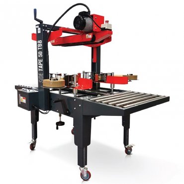 Félautomata oldalsó kartondoboz-záró gép Side Tape 50 TBB, zárási sebesség 19 m/perc, BOPP / PVC / Kraft szalag, tápellátás 220 V – 50/60 Hz, tömeg 220 kg, maximális dobozméret (mm) 450 x 520