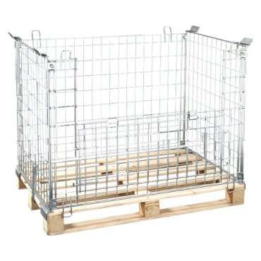 Fém rácsos konténerek EUR-raklapra rögzítéssel, hosszúság 1200 mm, szélesség 800 mm, magasság 1000 mm, tömeg 31 kg, rakásolható: IGEN, optimális terhelhetőség 800 kg, összecsukható: IGEN