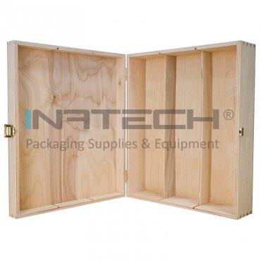 Cutie Din Lemn Pentru 3 Sticle De Vin Lungime 335 mm, Latime 270 mm, Inaltime 95 mm, Capac Cu balamale, Material Lemn, Culoare Natur