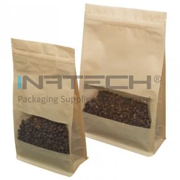 Kraft tasak ablakkal és cipzáras záródással, szélesség 150 mm, magasság 255 mm, űrtartalom 1500 ml, alsó talp 2 x 40 mm, oldalsó talp 2 x 40 mm, db / csomag 500